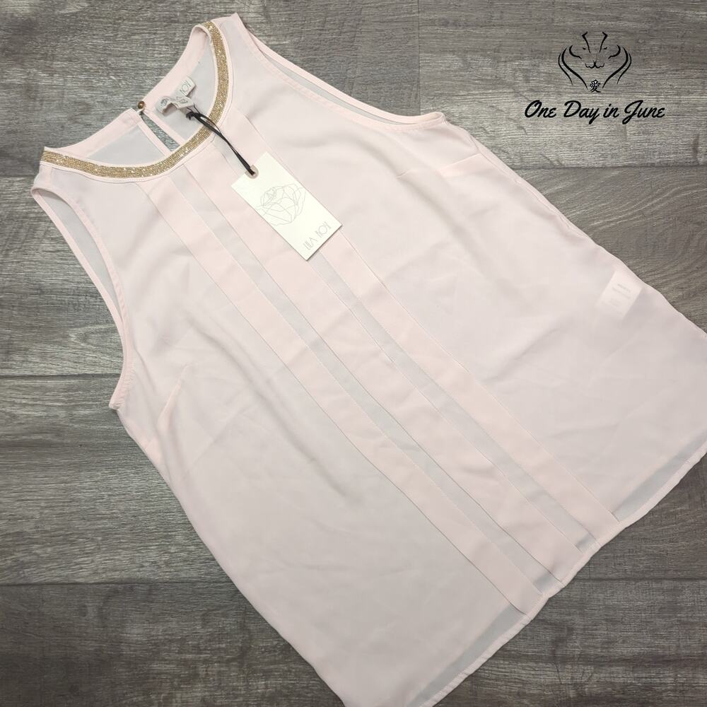Lila Rose Beaded Neck Sleeveless Blouse Blush Pink Pleated NWT Size S